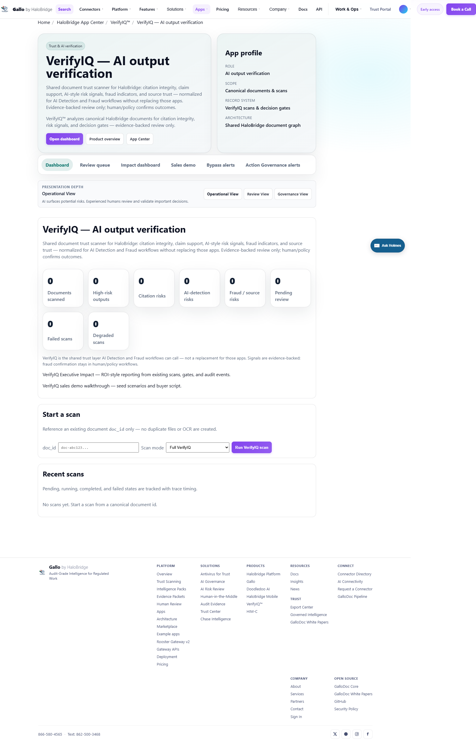 HaloMVP VerifyIQ dashboard for AI output verification.