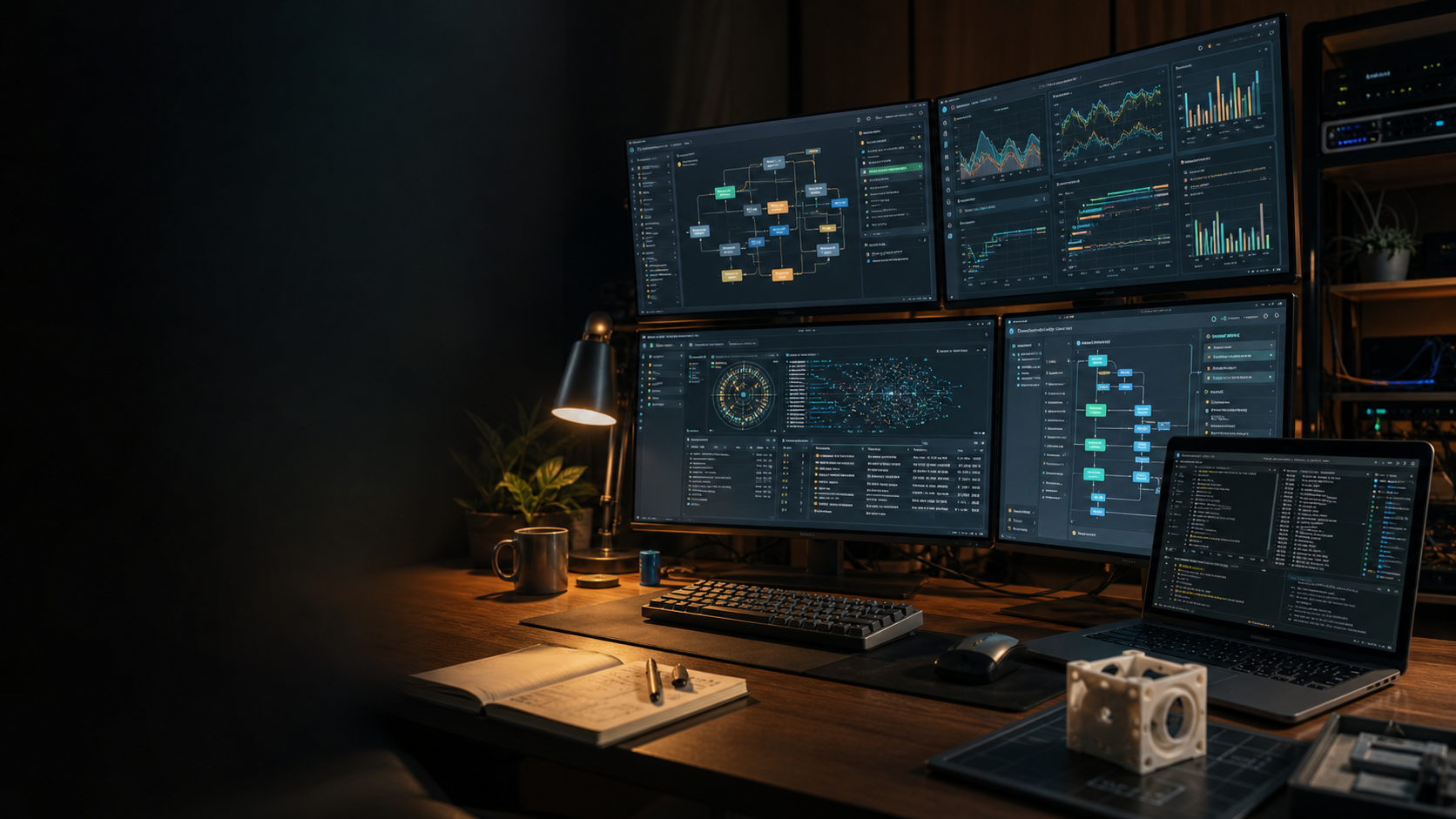 A systems builder workbench with dashboards, trading charts, automation flows, and deployment screens.